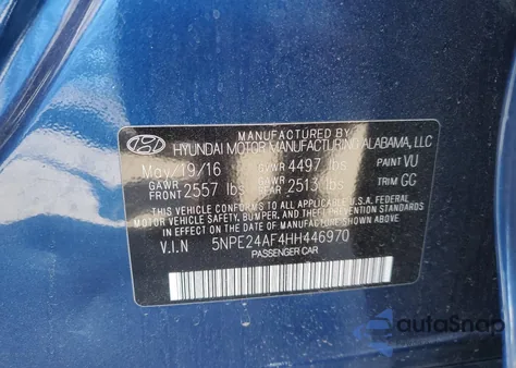 2017 Hyundai Sonata Se from USA, damaged, VIN 5NPE24AF4HH446970